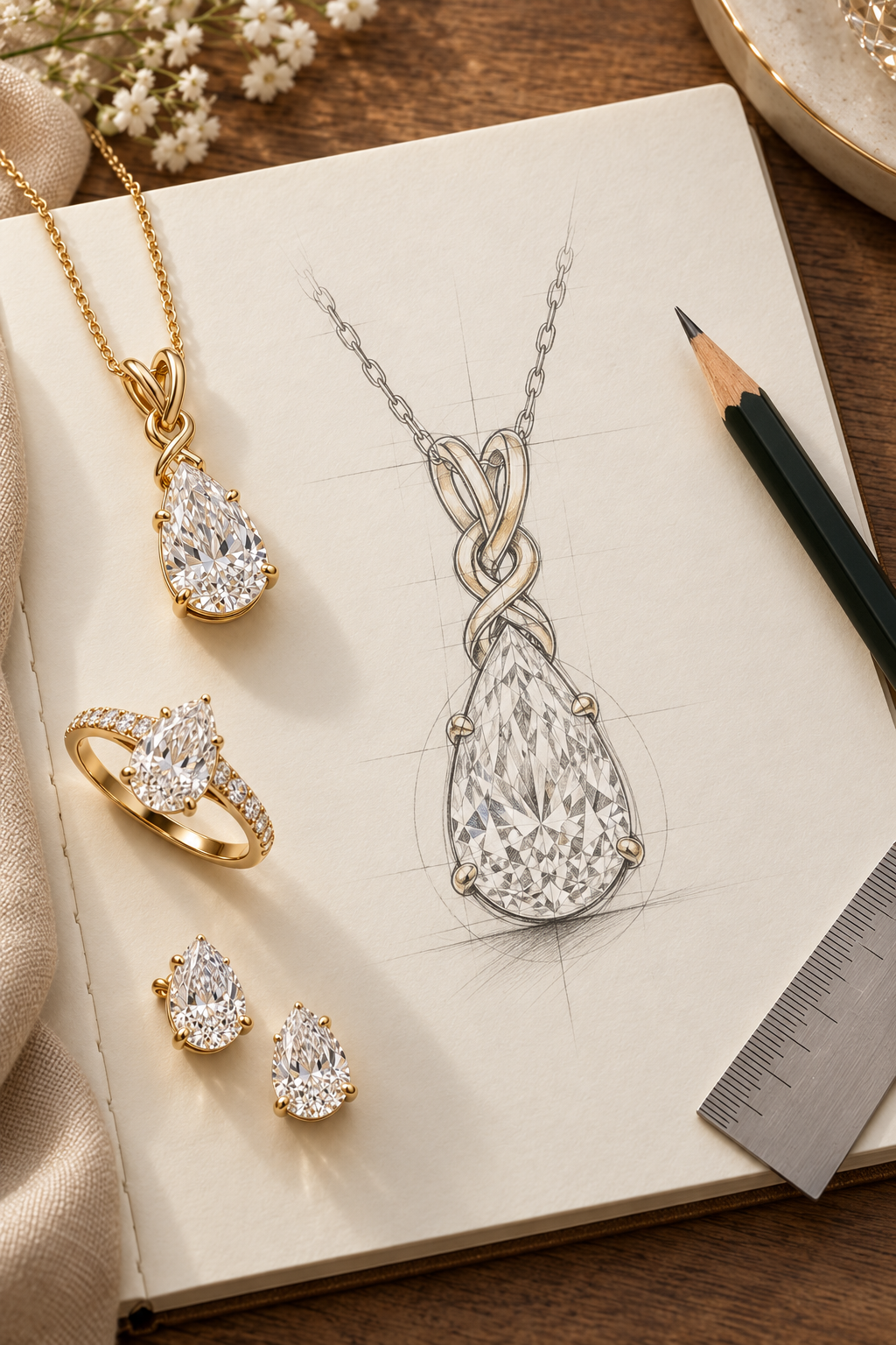 A pear diamond pendant sketched in a design notebook beside the finished gold pendant, ring and earrings