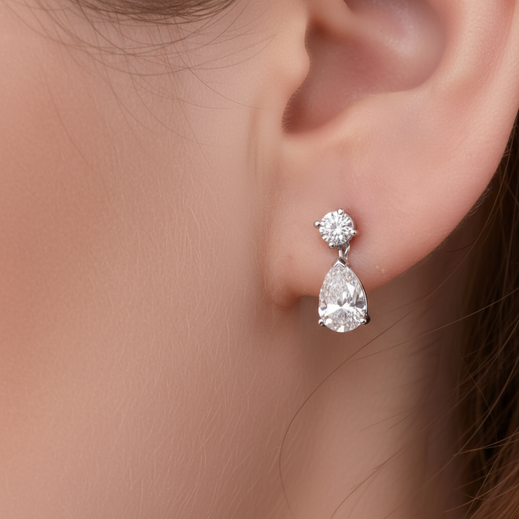 Round meets Pear Shaped Lab-Grown Diamond Dangling Stud Earrings