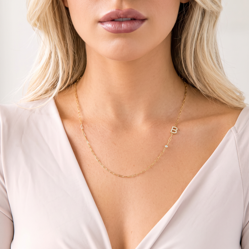 Paper Clip Initial Bezel Diamond Necklace