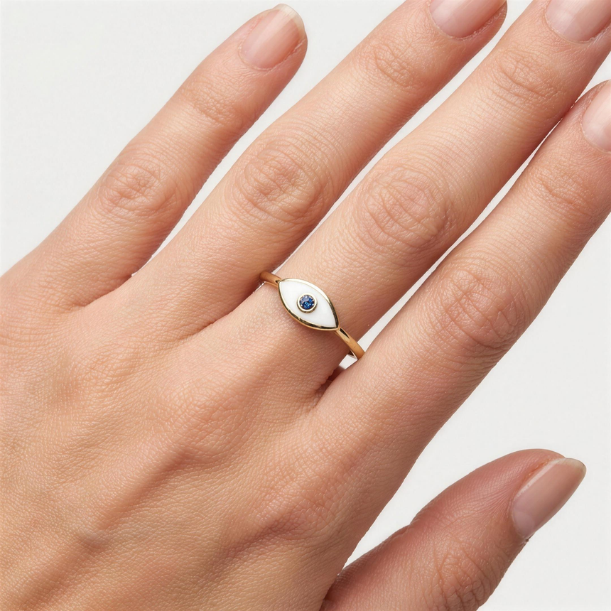 White Enamel & Blue Sapphire Evil Eye Ring