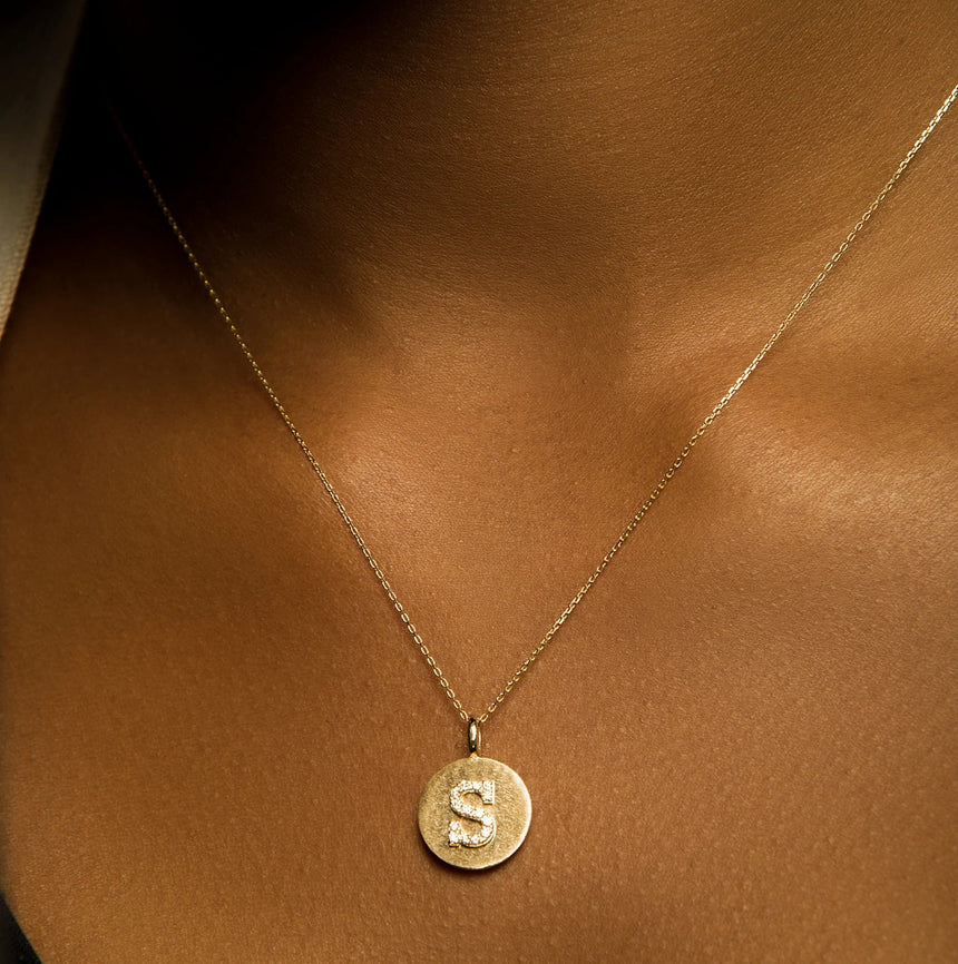 14K Gold Diamond Letter Medallion Necklace