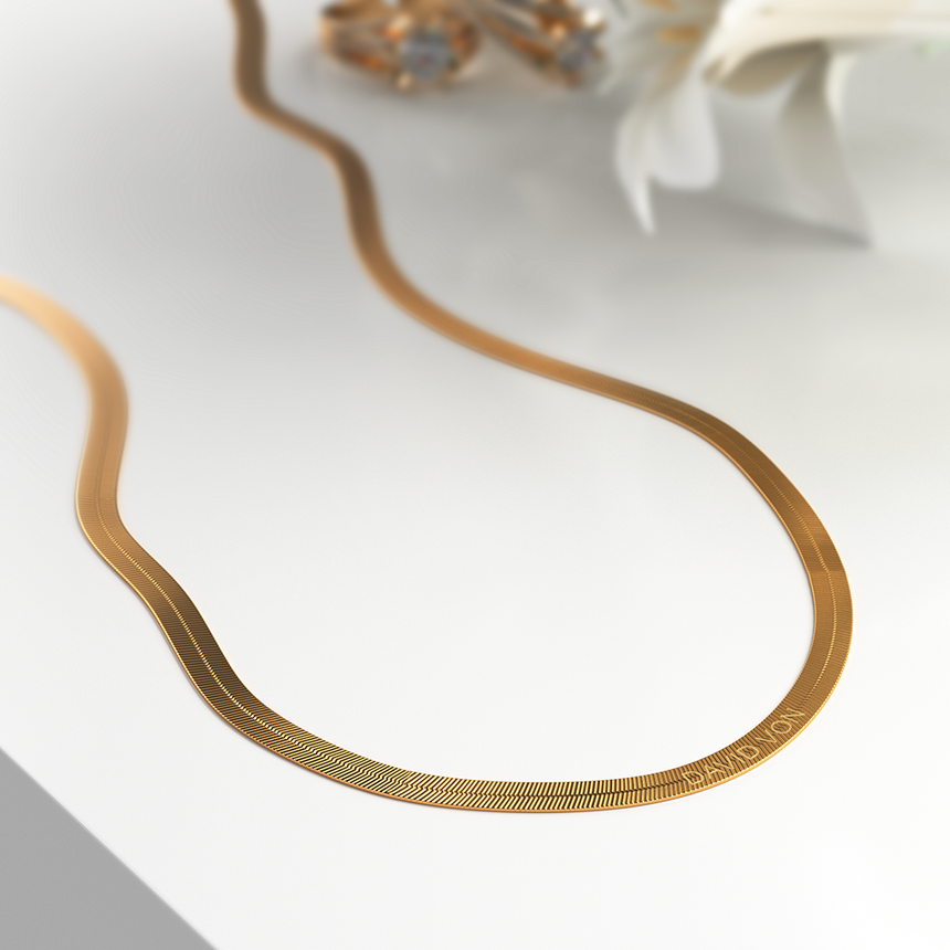 14K Gold Herringbone Engraved Slim Chain Necklace